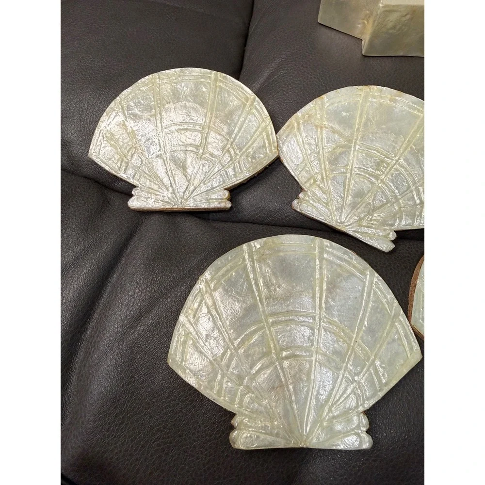 Lillian Vernon Vintage Capiz Shell Coasters Set of 6 with‎ Holder 8259